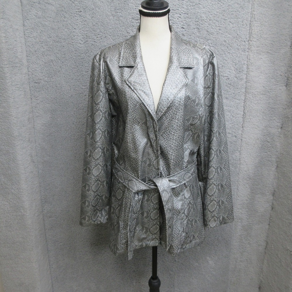 Neutral Zone Snake Print Faux Leather‎ Jacket Womens M Silver Belted Moto Blazer